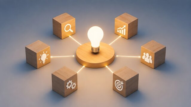 Hub and spoke business model concept with central glowing lightbulb radiating connections to wooden blocks featuring management and growth icons.