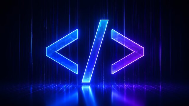 Glowing neon code brackets symbol on reflective surface with digital light streaks representing computer programming and web development.