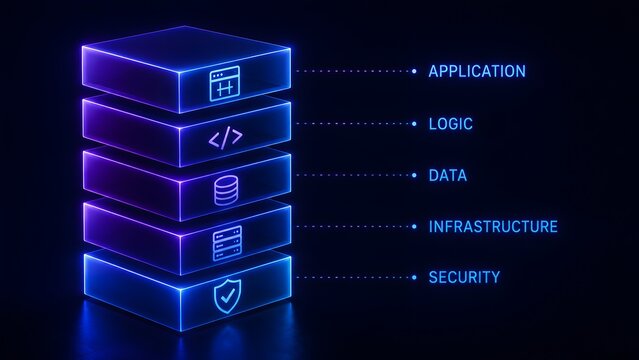 Software architecture and technology stack concept showing glowing neon layers for application, logic, data, infrastructure, and security.