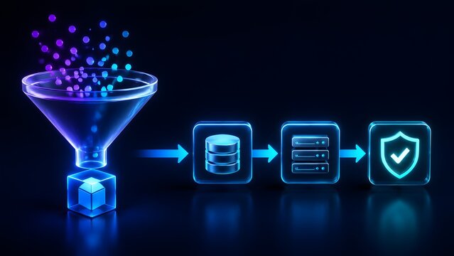 3D neon glowing data funnel pipeline with server database and security shield icons illustrating secure digital information processing and data filtering concept
