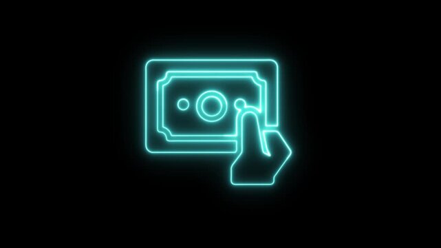 Neon blue icon of a hand holding a paper money bill isolated on black background.