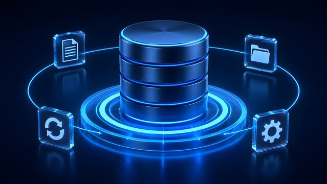3D glowing neon server database with connected digital icons illustrating cloud computing data storage sync and network management concept