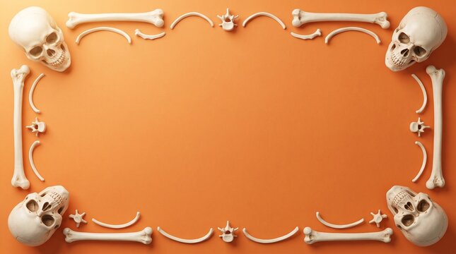 Halloween background frame made of human skulls and bones on an orange surface