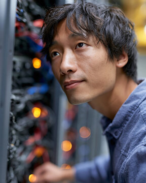 Young man gazes thoughtfully beside server rack. Warm lights glow softly behind him. Tech professional appears calm and focused. Ideal for stories about digital innovation and tech support