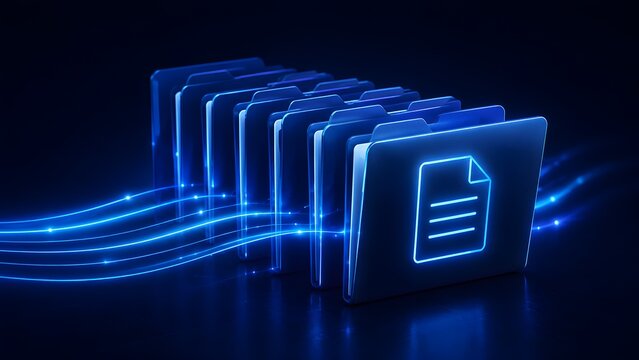 3D glowing neon file folders with high speed light trails illustrating digital data transfer secure network storage and fast document processing concept