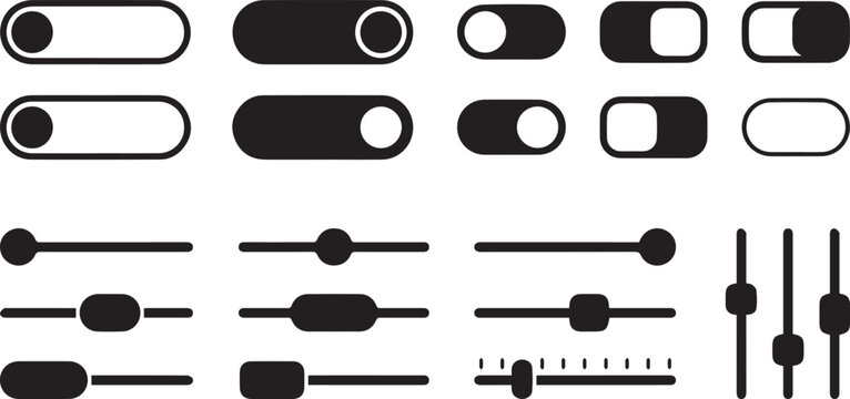Toggle switches and slider bars of various designs are presented as a collection of user interface icons.