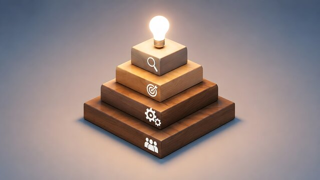 3D wooden pyramid blocks with business strategy icons and glowing lightbulb illustrating creative idea teamwork goal achievement and innovation hierarchy concept
