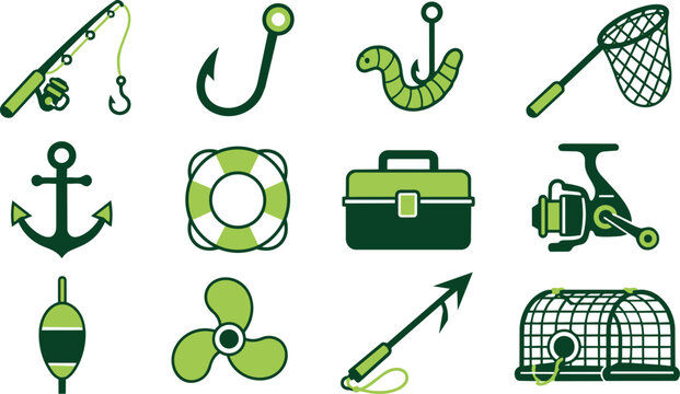 Fishing and Marine Equipment Icon Set in Green Colors