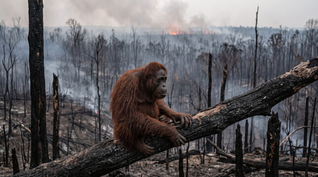 Sad orangutan sitting on a charred tree branch in a devastated burnt forest after a wildfire