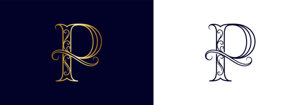 Elegant gold letter P monogram with decorative swirls on dark blue background.