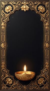 Diwali diya lamp with golden floral frame for festival of lights
