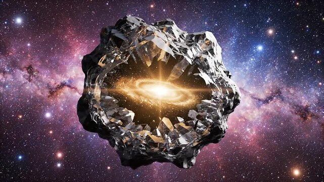 Captivating Deep Space Asteroid Containing a Radiant Spiral Galaxy Core Illuminated Amidst the Vast Nebulous Cosmic Starfield