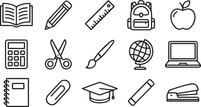 Education icons set featuring school supplies, study equipment, and graduation cap in clean outline style.
