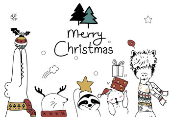 Fototapeta premium Hand drawn animals wishing a Merry Christmas