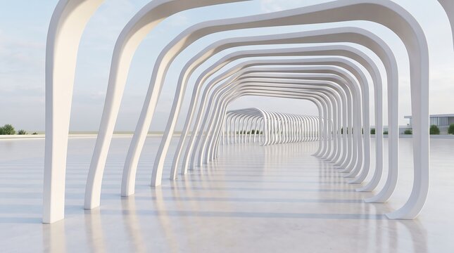 Futuristic white architectural tunnel with organic curves, modern minimalist pavilion structure, abstract urban design for corporate backgrounds