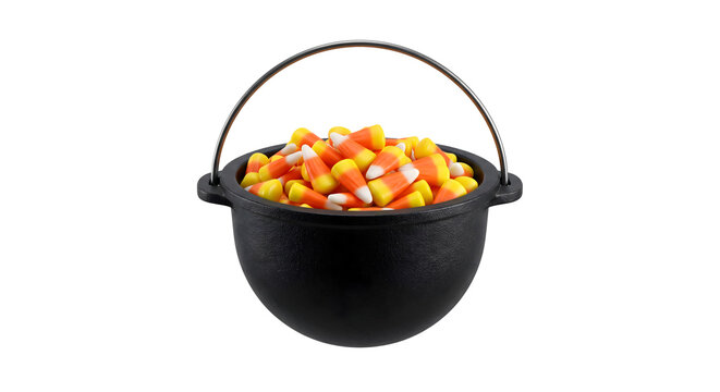 Black cast iron cauldron filled with colorful candy corn, perfect for halloween treats and decorations.