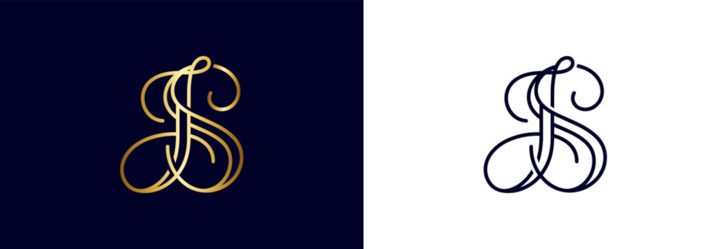 Ornate gold JS monogram letter logo on dark blue background for luxury.