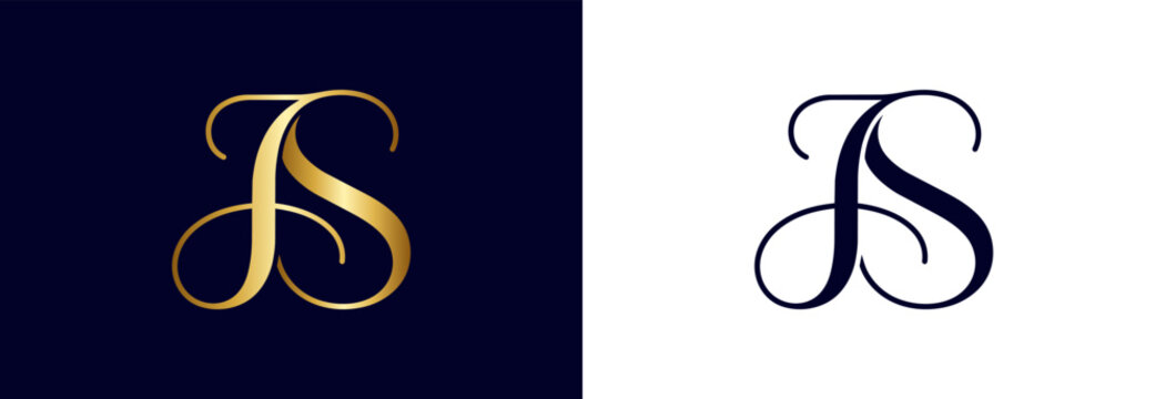 Ornate gold JS monogram with flourishes on dark blue for logos.