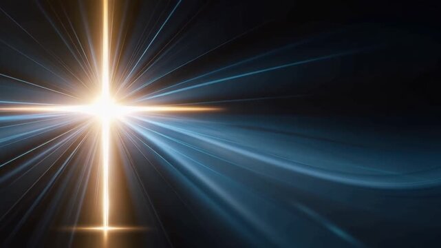 A radiant golden cross, emanating powerful light beams with a luminous glow, stands against a dark, streaky backdrop, symbolizing hope, faith.Created with Generative AI, not depicting real subjects.