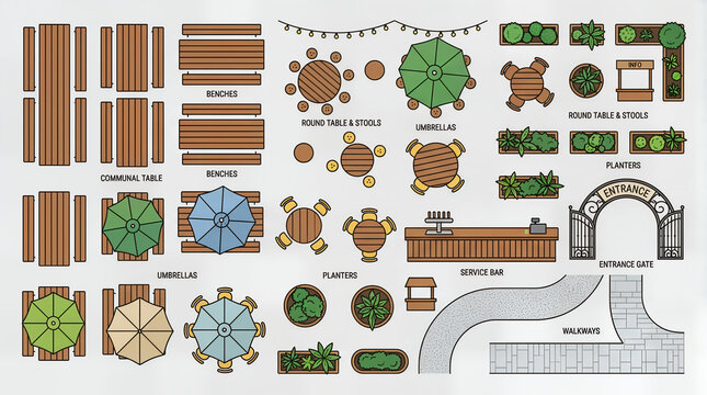 Top view architectural site plan vector elements of outdoor restaurant seating