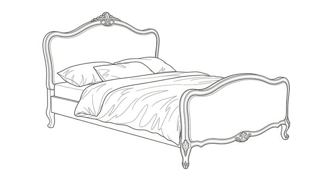 A detailed line drawing depicts a luxurious, ornate bed. The bed frame is elegantly curved with a scrolled headboard and footboard, adorned with intricate floral embellishments.