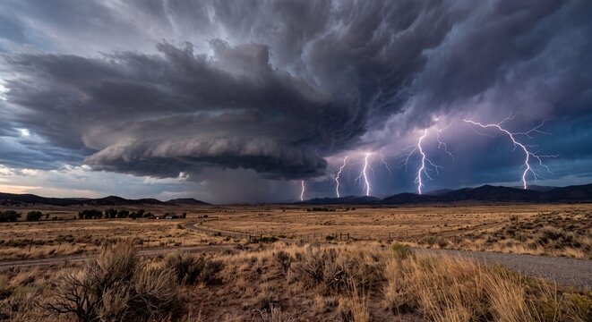 Dramatic supercell thunderstorm generates multiple bright lightning bolts over a dry rural mountain desert landscape scene