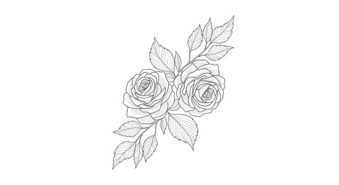 A detailed black and white line drawing depicts two roses with delicate petals and leaves. The roses are arranged in a flowing, elegant composition, showcasing intricate linework and shading.