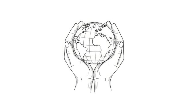Two hands gently hold a detailed, black and white sketch of the Earth. The hands are open, palms up, cradling the globe as if protecting it.