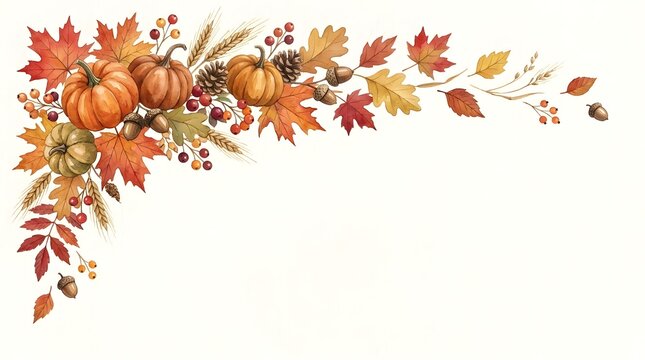 Watercolor autumn leaves corner border illustration for fall themed designs and backgrounds