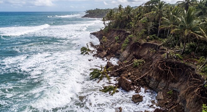 Dramatic coastal erosion scene showing palm trees collapsing into the crashing blue ocean waves after storm
