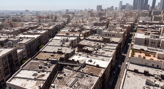 Wide aerial view showing dense urban city buildings and industrial rooftops under a clear bright sky