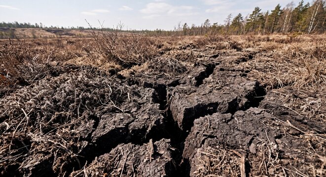 Cracked dark peat soil showing severe drought effects in a vast desolate swampy landscape environment