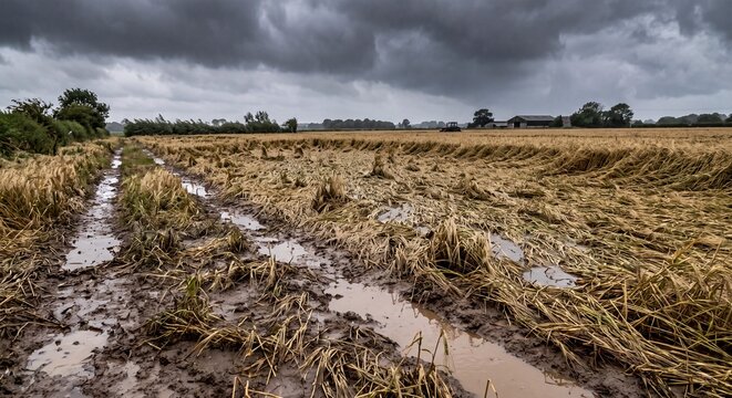 Flattened wheat field showing storm damage with deep muddy tractor tracks under dark heavy clouds