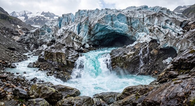 Majestic alpine glacier cave with turquoise meltwater cascading down rugged rocky terrain during summer daylight hours
