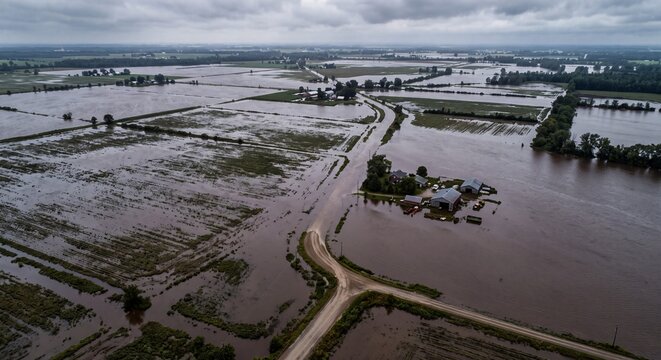 Flooded rural farmland landscape viewed from above showing destroyed crops and submerged agricultural buildings in summer
