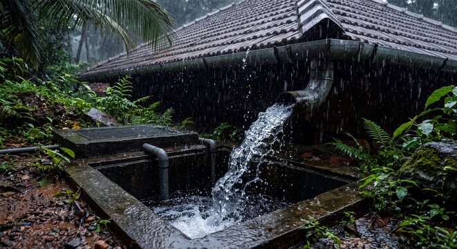 Rainwater harvesting system collects heavy monsoon rainfall from a roof pipe into a concrete drainage reservoir