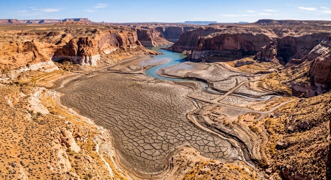 Dried cracked earth of reservoir lake showing climate change impact with deep sandstone canyon walls surrounding