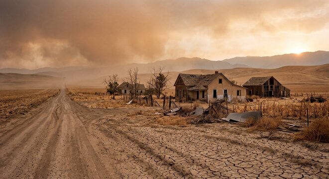 Abandoned rustic farmhouse stands lonely on a dry cracked field under golden dramatic stormy skies