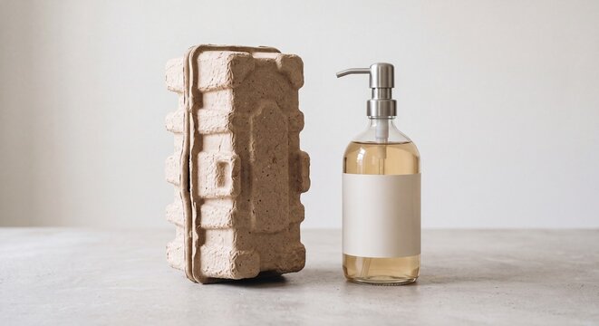 Glass soap dispenser with pump mechanism alongside sustainable molded paper packaging standing on textured stone surface