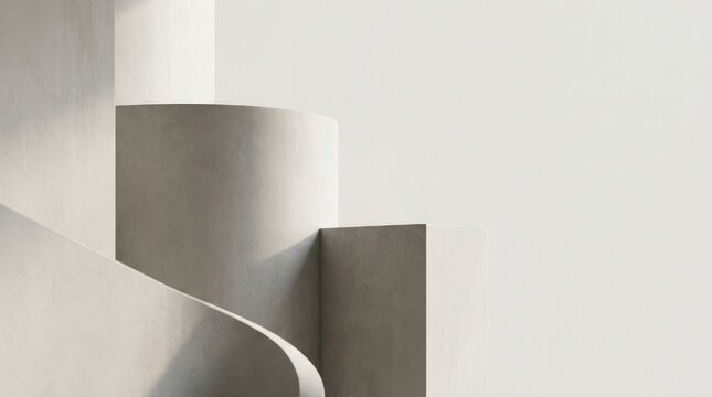 A minimalist architectural composition features a series of stacked, curved concrete forms. The forms create a dynamic, abstract structure with varying heights and angles.
