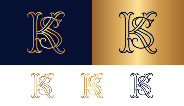 Vintage luxury monogram letter ks in gold and dark blue for branding identity.