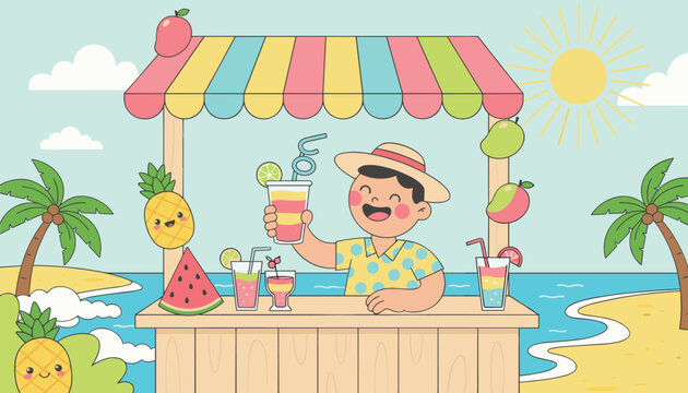 Joyful bartender serves fresh healthy fruit juices at a cute tropical beach juice bar under a bright shining sun.