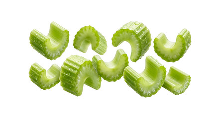 Fresh sliced celery stalks with water droplets falling in air for healthy salad and organic food displays. © B o W Graphics