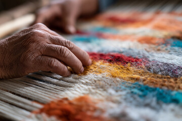 Fototapeta premium Hands gently press fabric on loom. Colors blend in soft, textured pattern. Artistry in weaving, timeless, quiet craft. Ideal for design, culture, or artisan-themed projects
