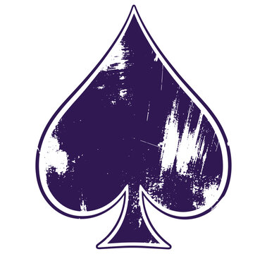 Purple spade playing card suit symbol with white border and grunge effect isolated on white background