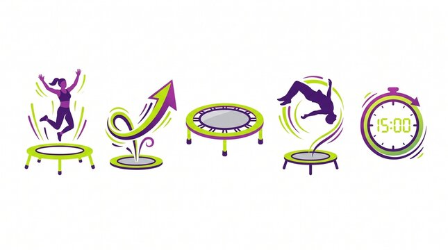 Trampoline Rebound Fitness Flat Vector Icon Set