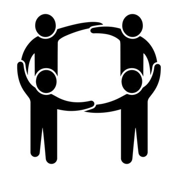 Four people silhouette figures forming a circle holding hands icon with teamwork