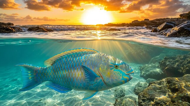 Colorful parrotfish swims in tropical ocean at sunset underwater