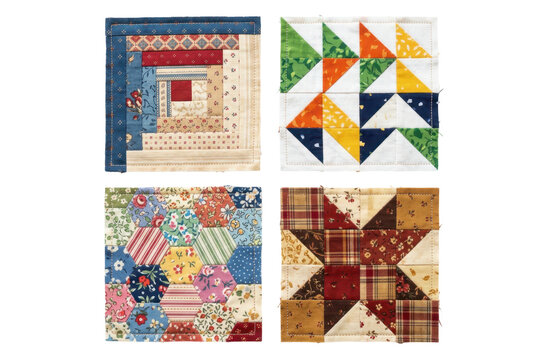 Handcrafted quilt blocks showcasing diverse traditional sewing patterns on dark