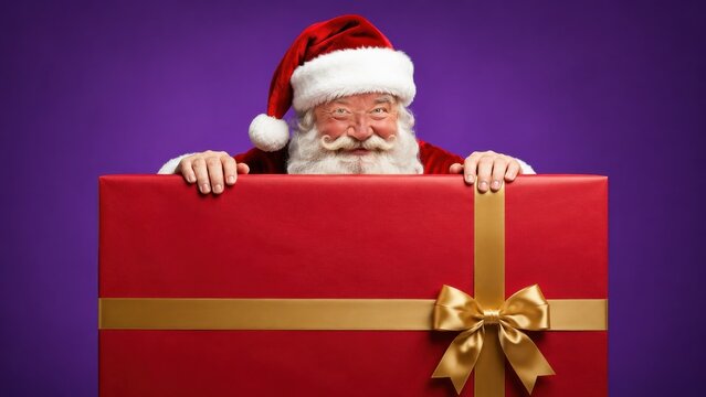 Santa Claus peeking over a large wrapped gift